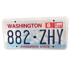 Washington Evergreen State License Tag Plate 882 ZHY White Blue RED Mountain